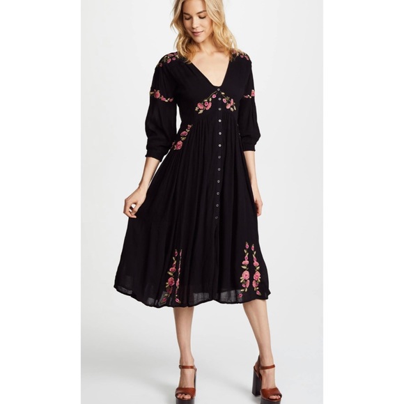 Free People Dresses & Skirts - Free People Day Glow black embroidered midi flare dress